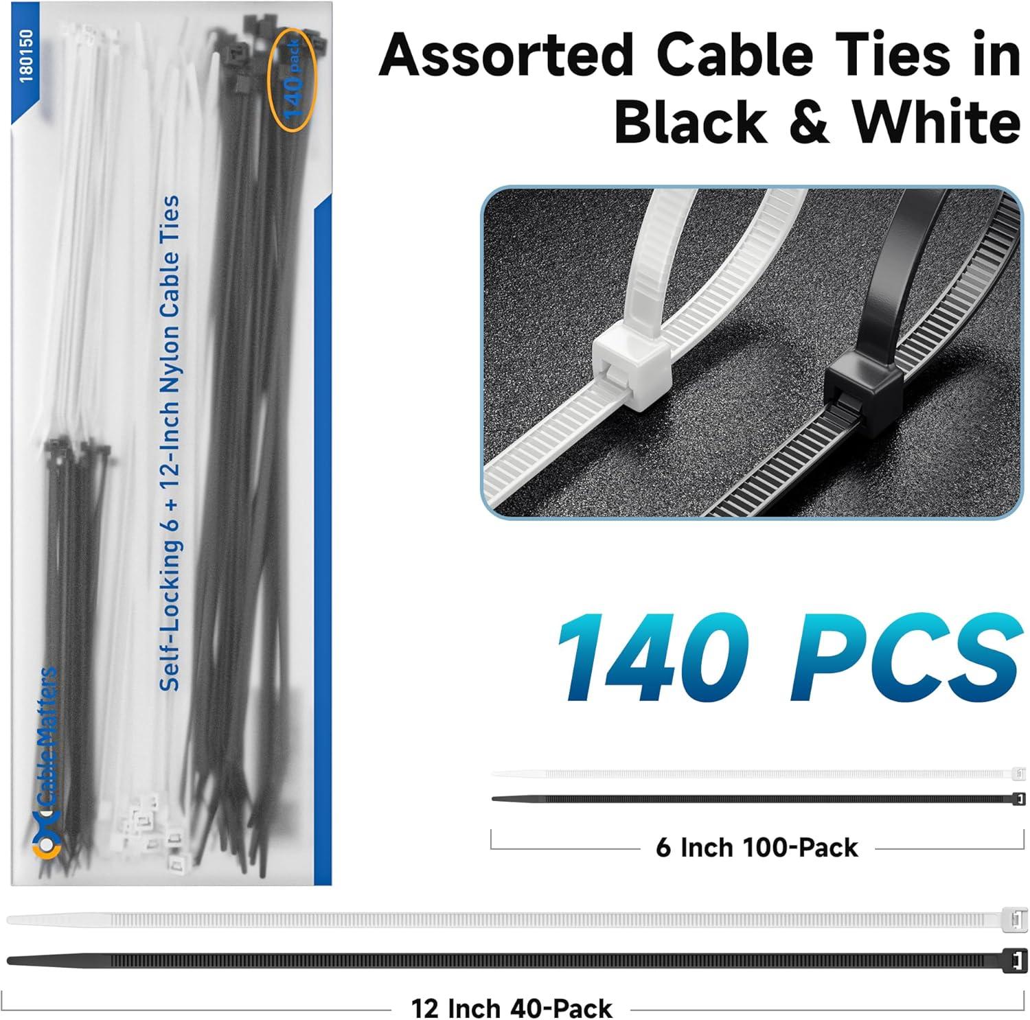imageCable Matters 200Pack Cable Ties for Indoor and Outdoor 6 8 12Inch SelfLocking Nylon Zip Ties Assorted Sizes Wire Ties Tie Wraps for Multiple Use Self Locking Zipties in Black and White140Pack