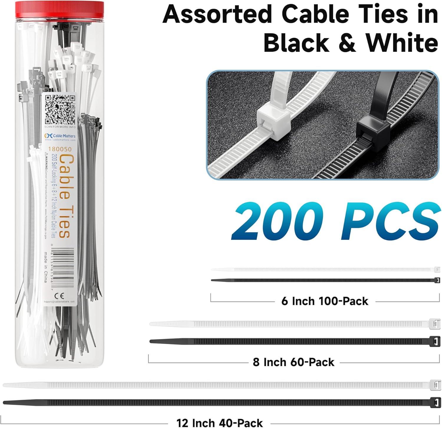 imageCable Matters 200Pack Cable Ties for Indoor and Outdoor 6 8 12Inch SelfLocking Nylon Zip Ties Assorted Sizes Wire Ties Tie Wraps for Multiple Use Self Locking Zipties in Black and White200Pack