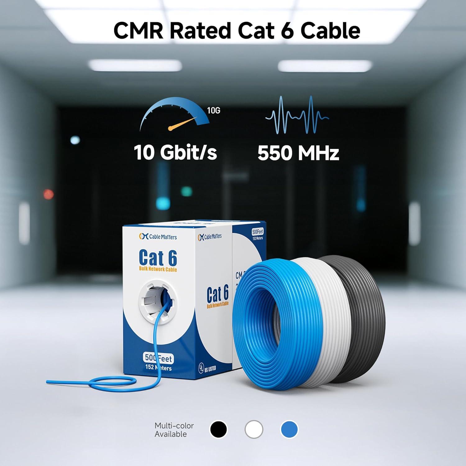 imageCable Matters UL Listed 10Gbps inWall Riser Rated CMR 23AWG Bare Copper Cat6 Ethernet Cable  500ft Cat 6 Ethernet Cable Spool Cat 6 Cord Bulk BlueBlack
