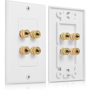 imageCable Matters Speaker Wire Wall Plate Gold Plated Speaker Wall Plate with Banana Plug Binding Post for 4 Speakers White2Speaker