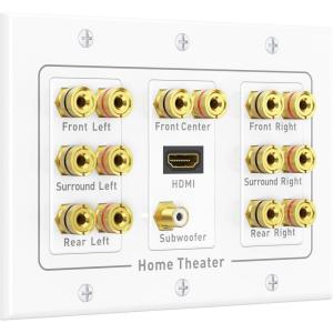 imageCable Matters Speaker Wire Wall Plate Gold Plated Speaker Wall Plate with Banana Plug Binding Post for 4 Speakers White71Speaker w HDMI