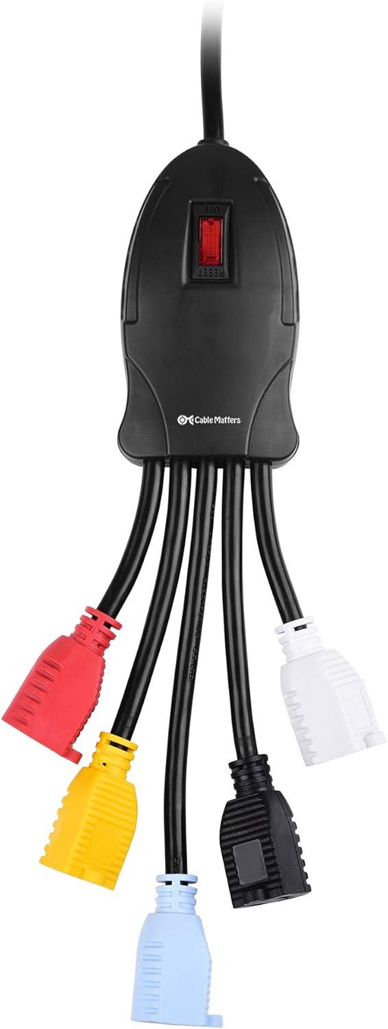 imageCable Matters 5 Outlet Power Cord Splitter Power Squid Outlet Multiplier with Extra Long 10 Foot Power Cord and Color Coded Receptacles