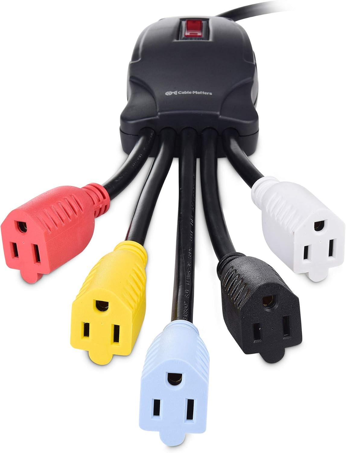 imageCable Matters 5 Outlet Power Cord Splitter Power Squid Outlet Multiplier with Extra Long 10 Foot Power Cord and Color Coded Receptacles