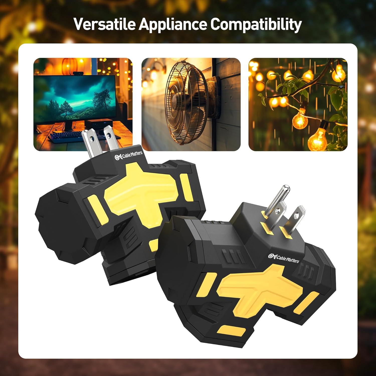 imageETL Listed Cable Matters 2Pack 3 Way Outdoor Plug Splitter 15A 1875W IndoorOutdoor Multi Plug Outlet 3 Way Plug Adapter in BlackBlack