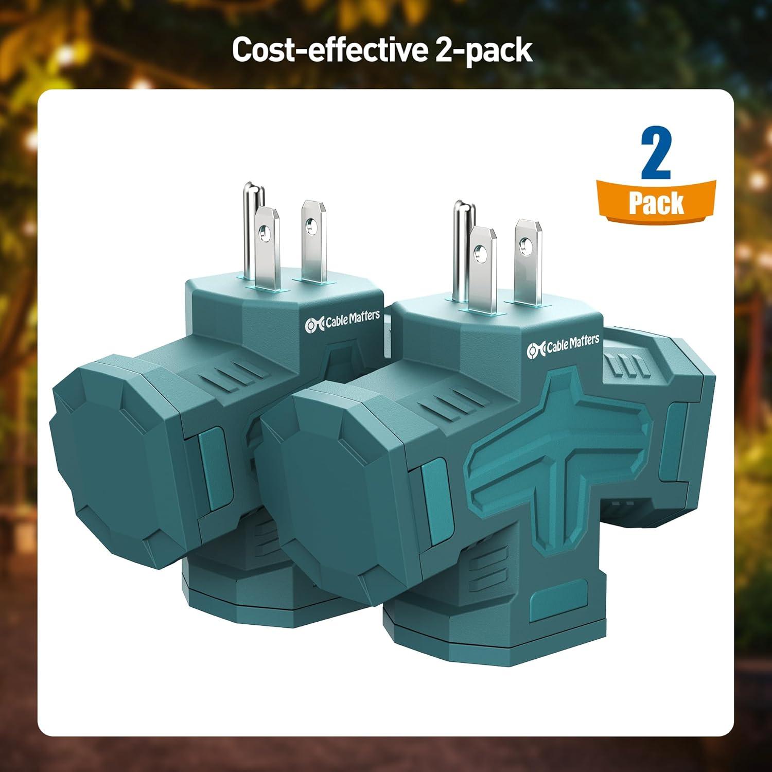 imageETL Listed Cable Matters 2Pack 3 Way Outdoor Plug Splitter 15A 1875W IndoorOutdoor Multi Plug Outlet 3 Way Plug Adapter in BlackGreen