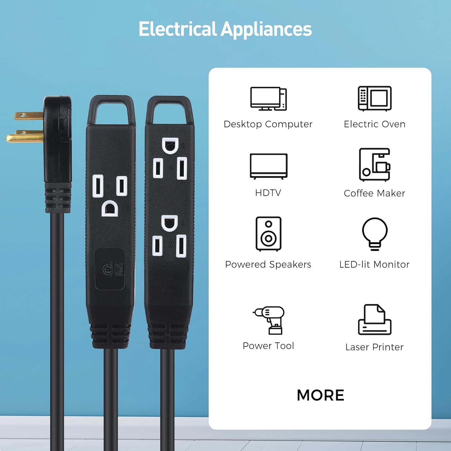 imageETL Listed Cable Matters 2Pack 3Outlet Power Strip Extension Cord with 3 Prong Outlets and 360Degree Rotating Plug in Black  6ftBlack