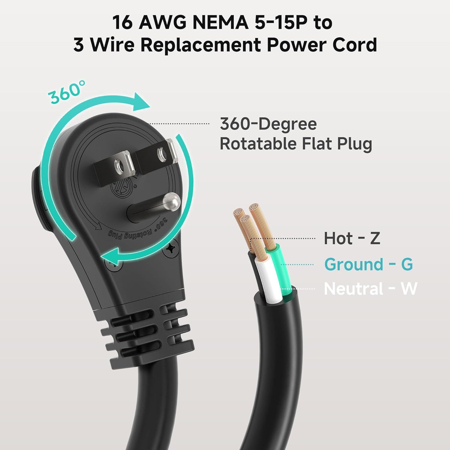 imageETL Listed Cable Matters 3 Prong Power Cord Replacement 6FT with 360 Rotating Flat Plug 16AWG 13A125V1625W NEMA 515P to 3Wire Appliance Cord Black10 Feet