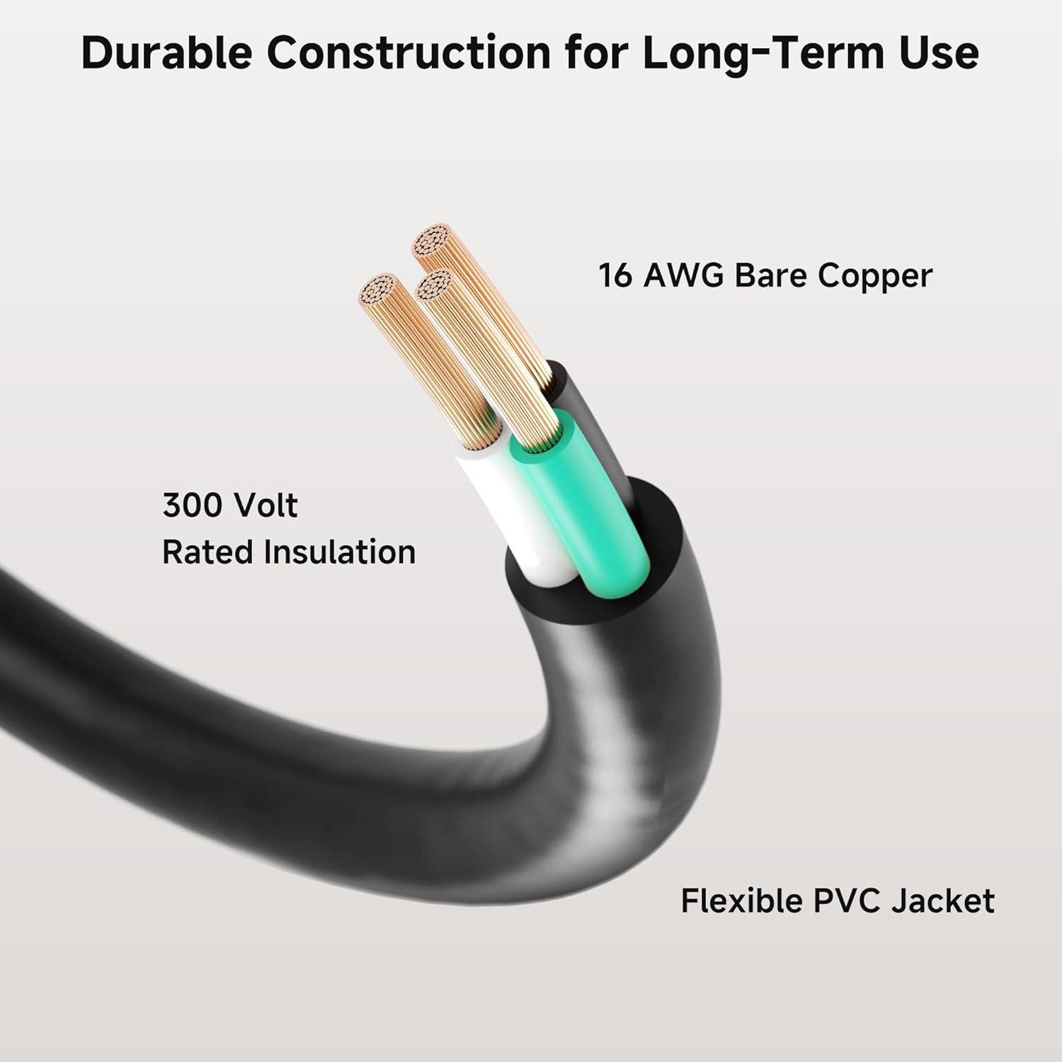 imageETL Listed Cable Matters 3 Prong Power Cord Replacement 6FT with 360 Rotating Flat Plug 16AWG 13A125V1625W NEMA 515P to 3Wire Appliance Cord Black6 Feet