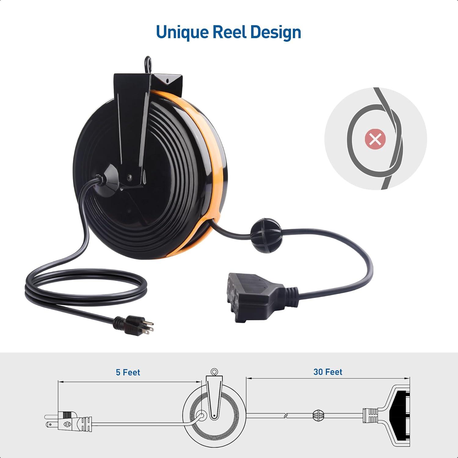 imageETL Listed Cable Matters 35 ft 3Outlet Retractable Extension Cord Reel SJTW 16 AWG 10A  1250W with Mounting Point in Black