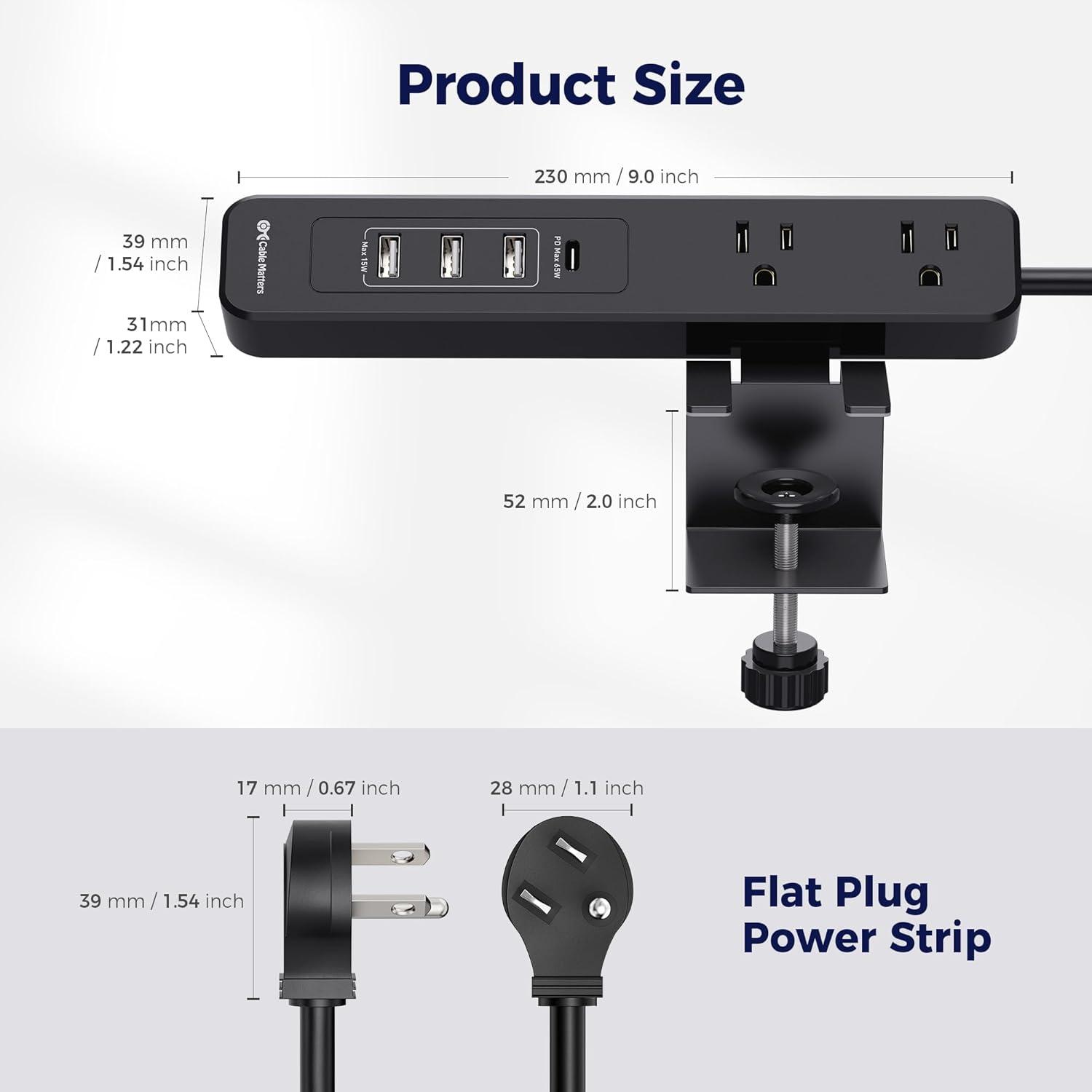 imageETL Listed Cable Matters GaN Desk Clamp Power Strip with 65W USBC Port 3X USBA Ports 2X AC Outlets 6ft Black Desk Power StripDeskPowerStation for Laptops iPad Pro Surface Pro iPhone