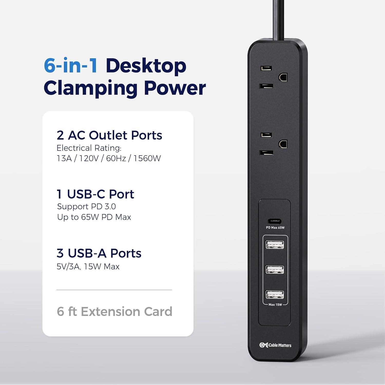 imageETL Listed Cable Matters GaN Desk Clamp Power Strip with 65W USBC Port 3X USBA Ports 2X AC Outlets 6ft Black Desk Power StripDeskPowerStation for Laptops iPad Pro Surface Pro iPhone