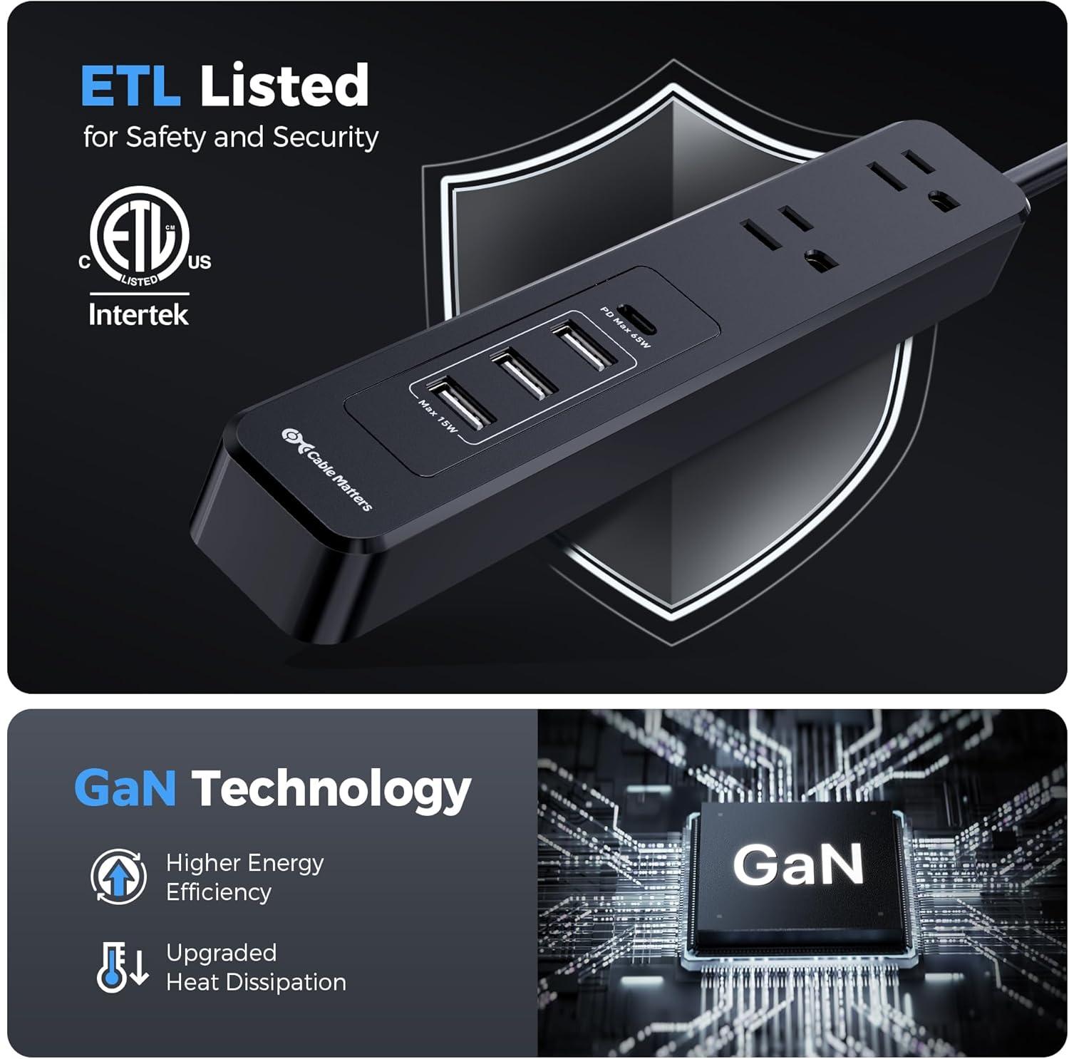 imageETL Listed Cable Matters GaN Desk Clamp Power Strip with 65W USBC Port 3X USBA Ports 2X AC Outlets 6ft Black Desk Power StripDeskPowerStation for Laptops iPad Pro Surface Pro iPhone