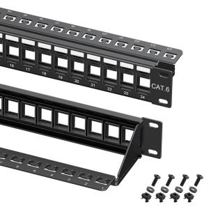 imageCable Matters Rackmount or Wall Mount 1U 24 Port Keystone Patch Panel with Cable Management and Support Bar 19inch Blank Patch Panel for Keystone Jacks1U