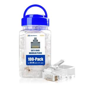 imageCable Matters 100Pack CAT6 RJ45 Modular Plugs 50 Gold Plated RJ45 Connector Cat 6 Ends Cat 6 Ethernet Connector Ethernet Plugs for Solid or Stranded UTP Cable100pack