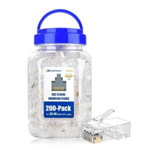 imageCable Matters 100Pack CAT6 RJ45 Modular Plugs 50 Gold Plated RJ45 Connector Cat 6 Ends Cat 6 Ethernet Connector Ethernet Plugs for Solid or Stranded UTP Cable200Pack
