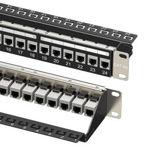 imageCable Matters 1U 19Inch 24Port 10Gbps Cat6A Ethernet Patch Panel with Inline Keystone and Cable Management Bar Rackmount or Wall Mount RJ45 Patch Panel