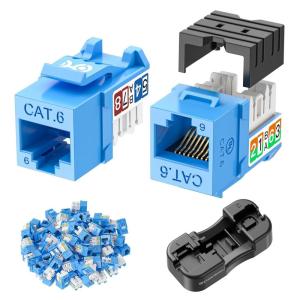 imageCable Matters UL Listed 25Pack 10Gbps RapidInstall Cat6 Keystone Jacks Slim Profile RJ45 Keystone Jack with PunchDown Stand Works with Leviton QuickPort Systems White Model No 180070Blue